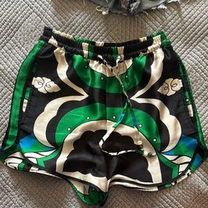 Zara High Waist Green and Black Shorts with Geometric Design